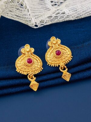 Temple Style Gold Earrings with Red Stone